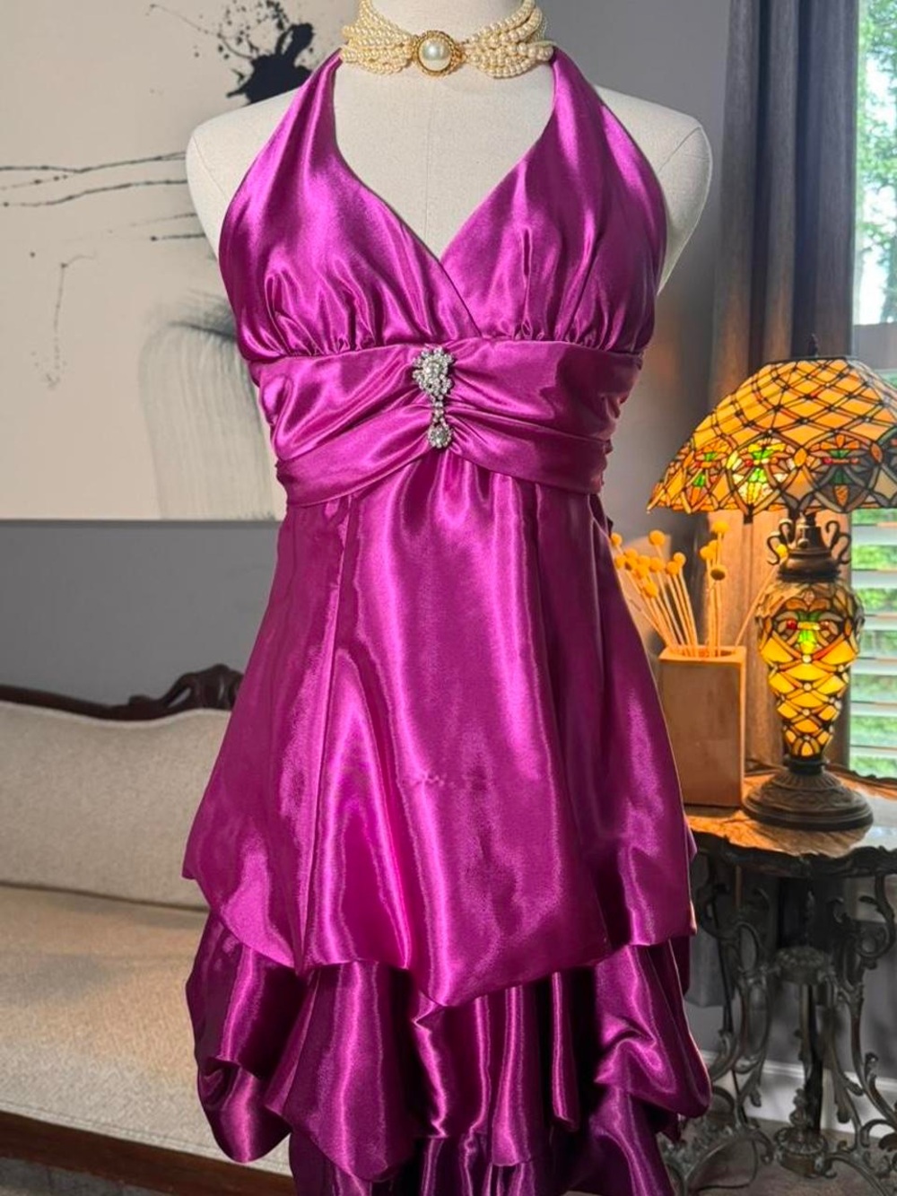 Fuchsia Satin Halter Maxi Dress with Embellished Waist
